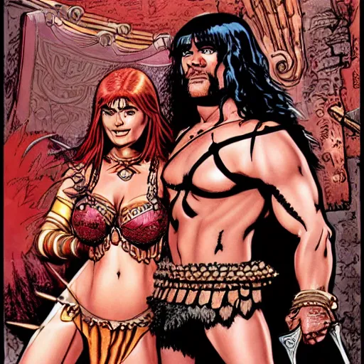 Image similar to a detailed illustration of conan the barbarian marrying red sonja marvel comics art style