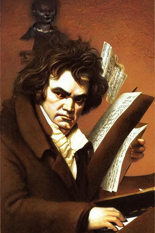 Image similar to a portrait of beethoven by wayne barlowe, gustav moreau, goward,  Gaston Bussiere and roberto ferri, santiago caruso, and austin osman spare, ((((occult art))))