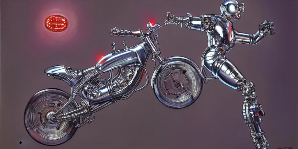 Image similar to Portrait of pee-wee herman as a chrome cyborg leaping to the side, highly detailed, digital painting, artstation, concept art, illustration, dramatic lighting, art by donato giancola