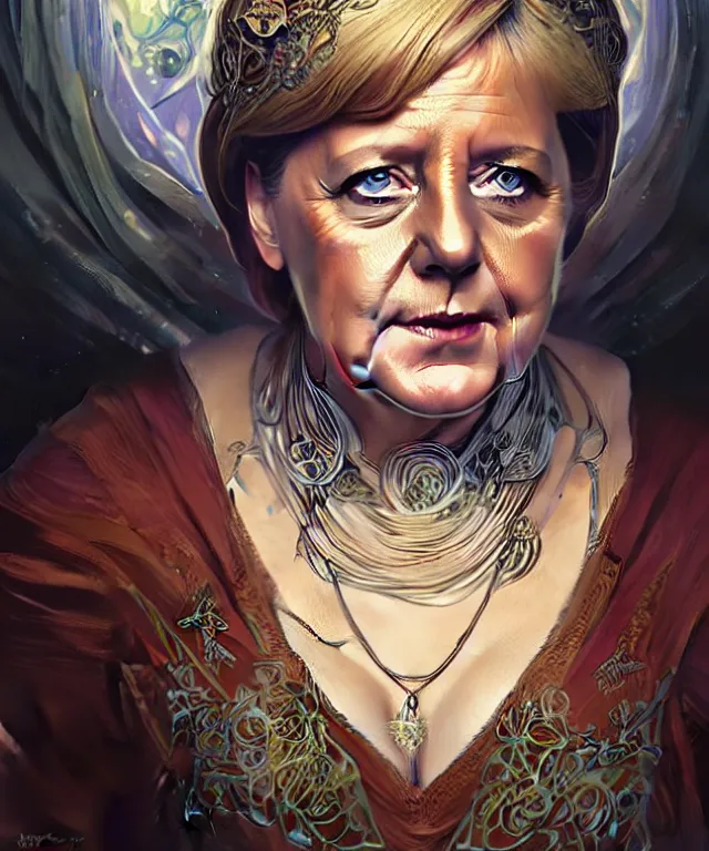 Image similar to Angela Merkel as a fantasy magic woman portrait, sci-fi, amber eyes, face, long hair, fantasy, intricate, elegant, highly detailed, digital painting, artstation, concept art, smooth, sharp focus, illustration, art by artgerm and greg rutkowski and alphonse mucha