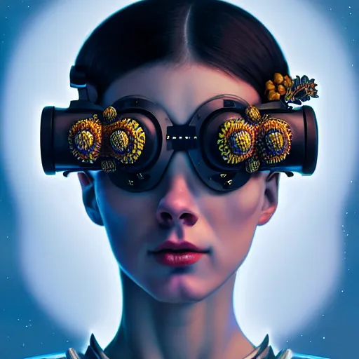 Image similar to Colour Caravaggio style Photography of Highly detailed beautiful Woman with 1000 years perfect face and wearing detailed Ukrainian folk costume designed by Taras Shevchenko also wearing highly detailed futuristic VR headset designed by Josan Gonzalez. Many details In style of Josan Gonzalez and Mike Winkelmann and andgreg rutkowski and alphonse muchaand and Caspar David Friedrich and Stephen Hickman and James Gurney and Hiromasa Ogura. Rendered in Blender and Octane Render volumetric natural light