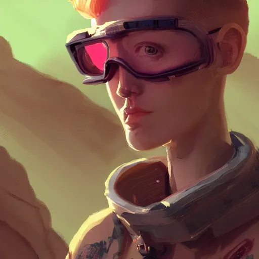 Prompt: tattooed stoic heroic emotionless butch blond woman engineer stranded on hostile dusty red alien planet, awkward and anxious, victorian goggles, very short slicked - back hair, volumetric lighting, wlop, james jean, victo ngai! muted colors, rough paper, very detailed, craig mullins, thomas kinkade, cinematic