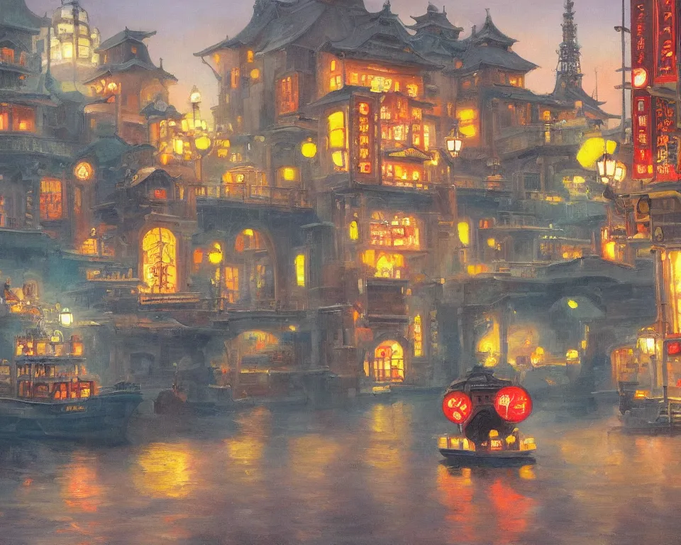 Image similar to an achingly beautiful oil painting of Tokyo DisneySea by Raphael and Hopper.