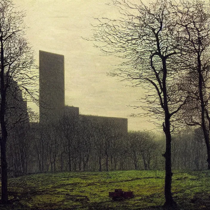 Prompt: a building in a landscape, by john atkinson grimshaw