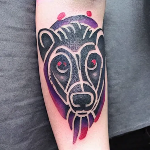 Image similar to tattoo style of a man with a bear's head, color restoration, watercolor, high quality ink, reds and purples, browns and earth colors