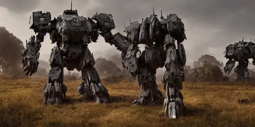 Prompt: large mech war machine walking through the countryside, cinematic lighting, dramatic camera angle, highly detailed concept art. realistic render