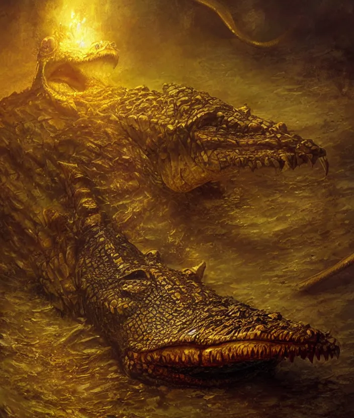 Image similar to egyptian crocodile in a golden armor, mysterious, fantasy artwork, godrays, warm colors, by seb mckinnon