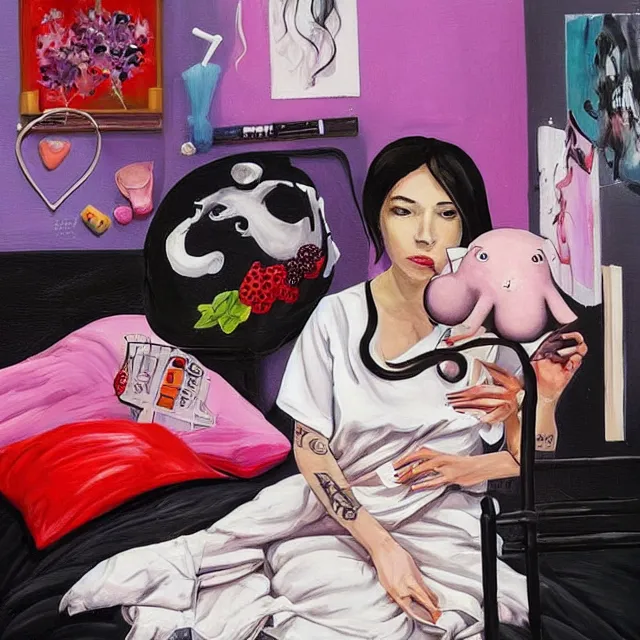 Image similar to a portrait in a female artist's bedroom, black walls, emo girl with a giant pig plushie, sheet music, berries, surgical supplies, pancakes, black flowers, sensual, octopus, neo - expressionism, surrealism, acrylic and spray paint and oilstick on canvas
