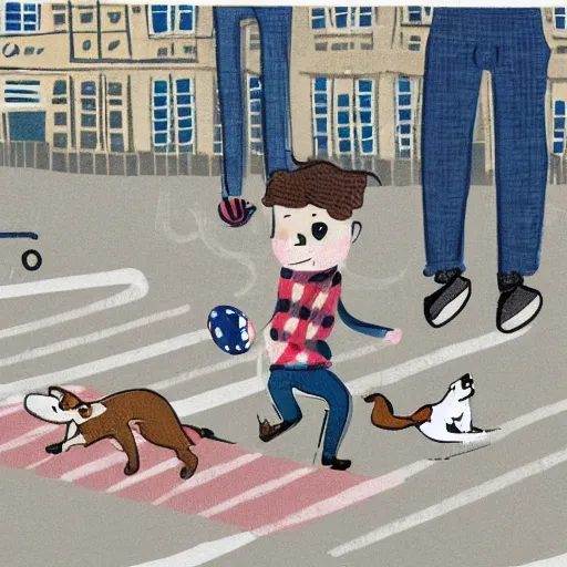 Prompt: illustration of boy playing football with his dog on the streets of paris and his dog happens to be corgi that wears a polkadot scarf