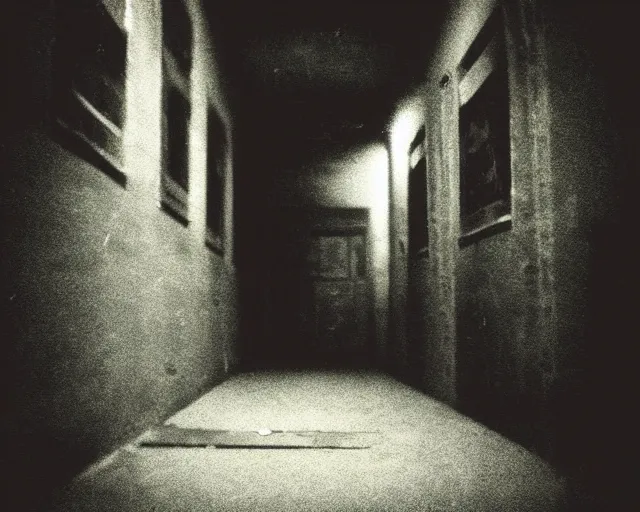 Image similar to dark abandoned hallway at night, bright eyes in shadows, letterboxing, widescreen, 40mm tape, technicolour film, grainy, horror, eyes!!!!!!