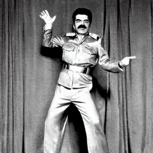 Image similar to A movie still of Stalin wearing a disco suit in Satuday Night Fever