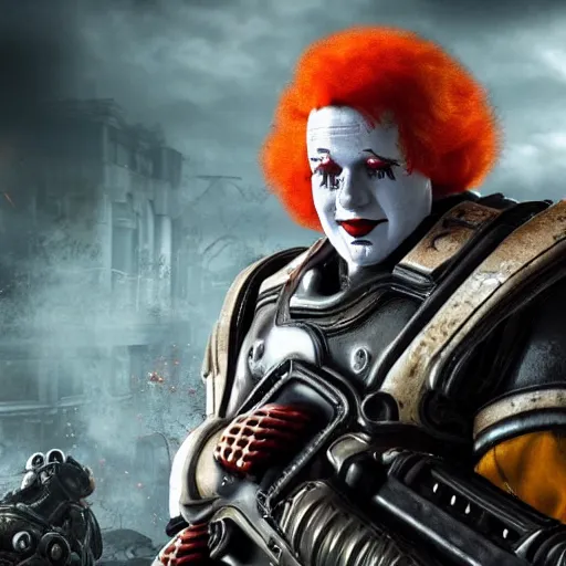 Image similar to ronald mcdonald clown in gears of war, cinematic shot, hyperdetailed