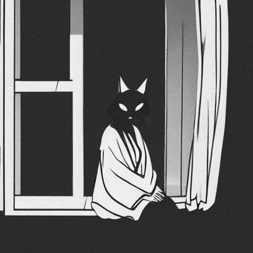 Image similar to A young lady in a kimono with almond-shaped eyes, sitting on a chair in a huge empty room, a black cat sitting on the window, a girl smiling, black and white, pencil, style