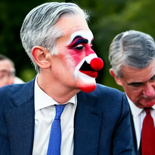 Prompt: Jerome Powell with clown makeup whiteface, talking with other clowns, full body, photo realistic, highly-detailed