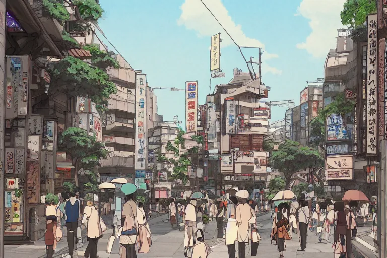 Prompt: Shibuya with traditional Japanese architecture, scene from a Studio Ghibli film, digital painting, concept art by Hayao Miyazaki