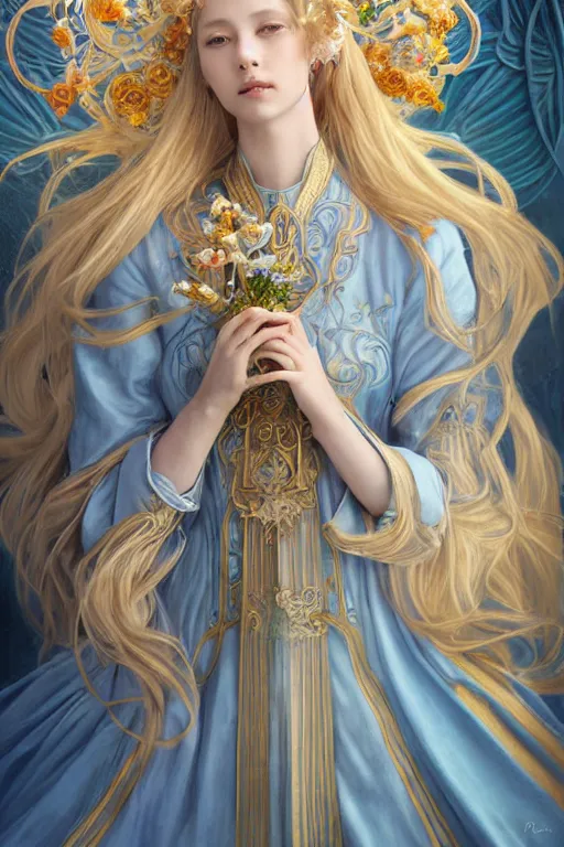 Image similar to breathtaking detailed soft painting of a full shot knight queen with long flowing blue hair, pastel flowers petals and golden ribbons flying, art by pilyeon and yuumei art, symmetrical facial features, at dawn in front of a pristine golden art nouveau cathedral, elegant, volumetric lighting, highly detailed, artstation, concept art, matte, sharp focus,