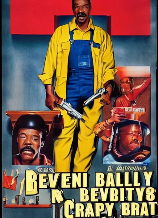 Image similar to an 8 0's john alvin action movie poster starring eddie murphy face as a plumber to rich people. bathroom. overalls. tool belt. the movie is called beverly hills crap