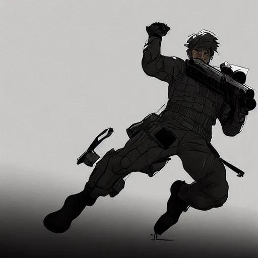 Prompt: solid snake, flying on a nimbus cloud, Trending on Artstation, Hiroaki Tsutsumi style