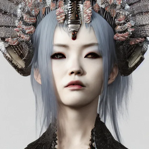 Prompt: japanese maid with extremely detailed headdress, inspired by die antwoord beautiful, hand painted textures, cloth physics, deviantart, karol bak, masamune shirow, black and white, beautiful lighting, photorealistic, concept art, perfect render, 3 d render, pixar, 8 k