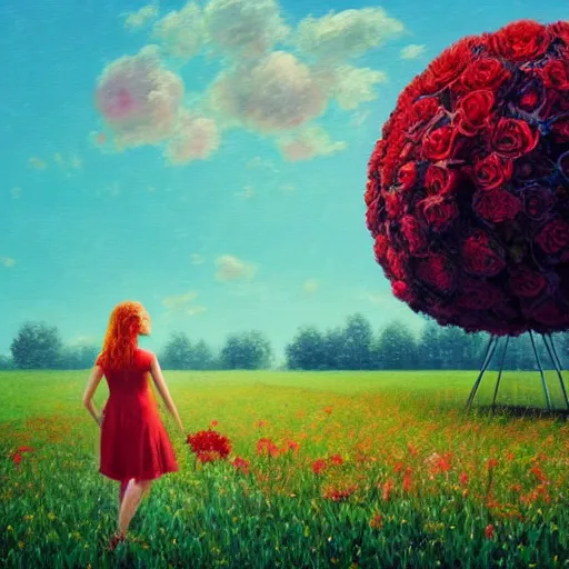 Image similar to giant red carnation head, full body, girl walking in the middle of a field with flowers, surreal photography, hills, sunrise dramatic light, impressionist painting, colorful clouds, digital painting, pointillism, artstation, simon stalenhag