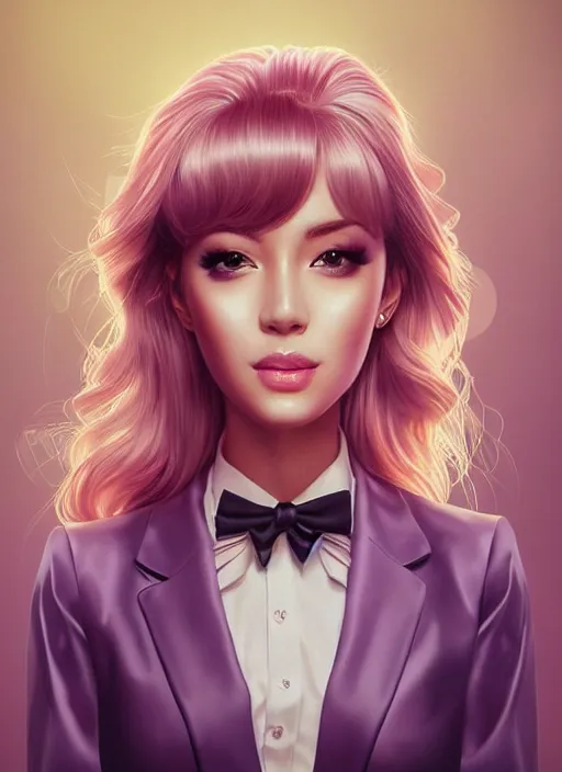 Image similar to beautiful, secretary woman, extremely detailed gorgeous face, looks realistic, hyper-detailed portrait, happy smile, vaporwave aesthetic, synthwave, magical, fantasy, ninchaku , artist Artgerm i and WLOP