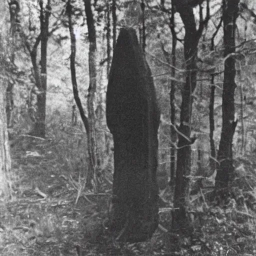 Prompt: scary unproportionally large ghost creature in the woods, 1900s picture