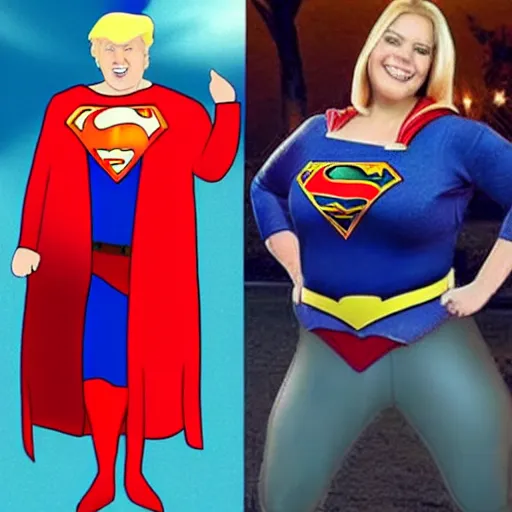 Prompt: fat donald trump dressed up as supergirl for halloween