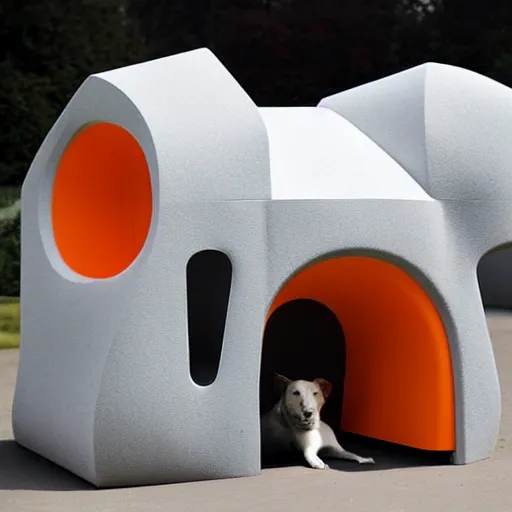 Prompt: a doghouse with the shape of a dog with grey and orange accents designed by antony gormley, advertising photography