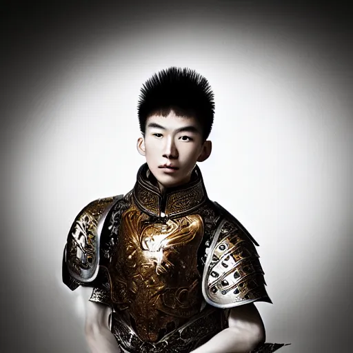 Prompt: a portrait of a beautiful young chinese male wearing an alexander mcqueen armor , photographed by andrew thomas huang, artistic