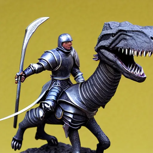 Image similar to D&D, high detail, miniature of medieval knight riding an allosaurus, heavy cavalry, Asgard rising, MyMiniFactory, 28mm scale