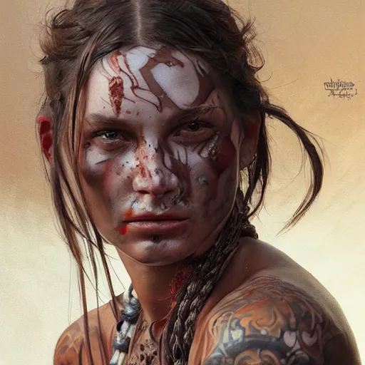 Image similar to zoomed out portrait painting of a muscular bloodied tribal girl butcher, tattooed, ultra realistic, concept art, intricate details, eerie, highly detailed, photorealistic, octane render, 8 k, unreal engine. art by artgerm and greg rutkowski and alphonse mucha