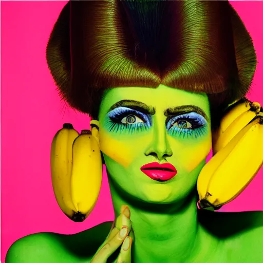 Prompt: a woman with green and yellow makeup holding bananas, a pop art painting by bert stern, trending on behance, pop art, pop art, surrealist, photoillustration