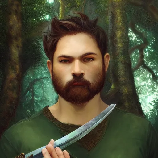 Prompt: beautiful portrait of a earth and nature god with brown hair and a husky beard holding a dark metal sword in the deep forest, oil painting by Greg Rutkowski and Charlie Bowater and Artgerm, unreal 5, DAZ, RPG Portrait, trending on artstation, dynamic lighting, late afternoon lighting, forest, green theme, afternoon light