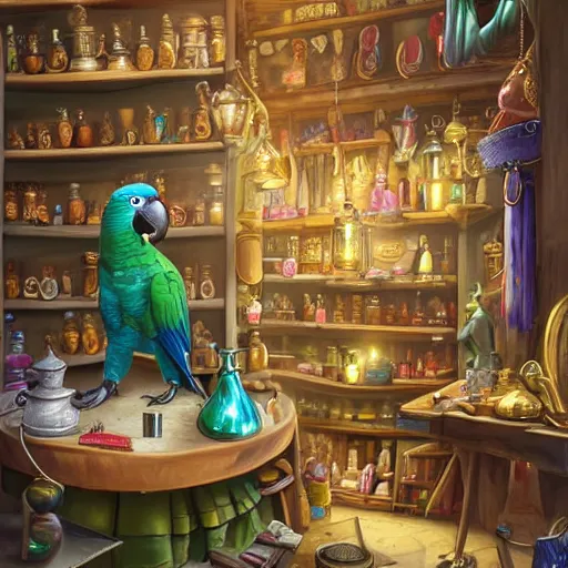 Image similar to Anthropomorphized parrot trader in his shop, shelves full, selling a gem, portrait, items, magic potions, carpet, window, fancy hat, sly expression , cunning expression, cute expression, presenting magic gem, D&D, fantasy, cinematic lighting, highly detailed, digital painting, artstation, concept art, smooth, sharp focus, illustration, warm light, cozy warm tint, magic the gathering artwork, volumetric lighting, 8k, no gold, no gold colours, art by Akihiko Yoshida, Greg Rutkowski