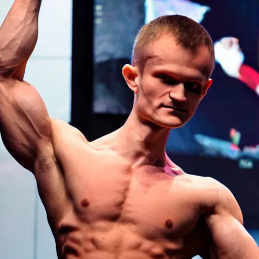 Prompt: vitalik buterin bodybuilder, macho, strong, photo