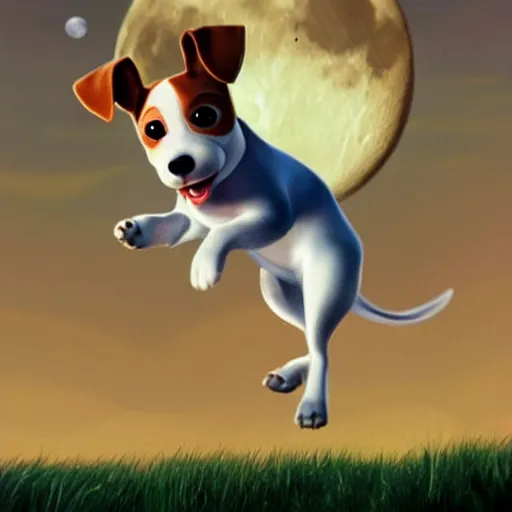 Prompt: cute pixar jack russel terrier, jumping over the smiling moon, concept art, pixar, disney studios, dreamworks animatio, fantasy illustration, artgerm, childrens story book, n