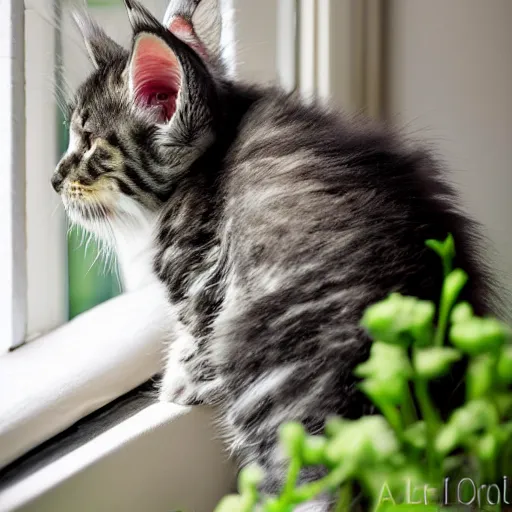 Image similar to medium - shot view from the back of a backlit maine coon kitten gazing out a window at flowers on a sunny day. 3 5 mm, f / 1 1. 0, iso 2 0 0, hdr