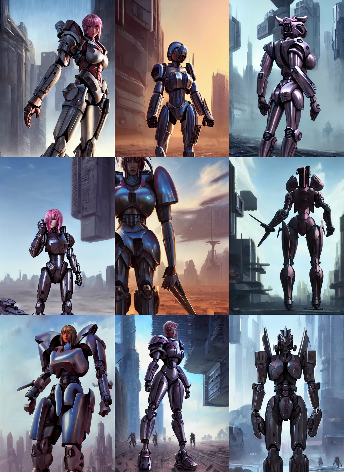 Prompt: a big muscular female warrior in full armor walking across a cyberpunk wasteland with no helmet, bubblegum crisis, transformers, attractive female face, symmetrical face details, ultra realistic, very highly detailed, 8K, octane, Digital painting, concept art, illustration, rule of thirds, sharp focus, centered, Syd Mead