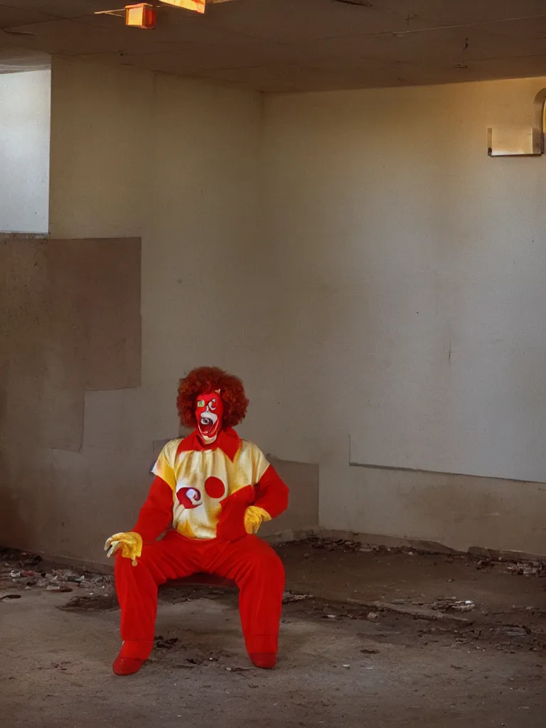 Image similar to a long shot of a crying ronald mcdonald sitting in the corner of an abandoned mcdonald's in 1 9 8 5 during golden hour.