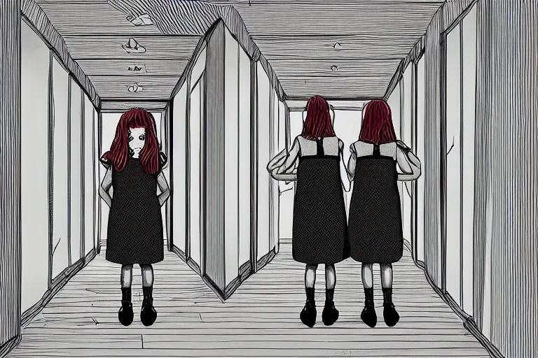 Prompt: scary ginger twin girls standing in an endless hallway, illustration, cute but scary, digital art, unique, trending on artstation, artistic, symmetrical, inspired by wes anderson