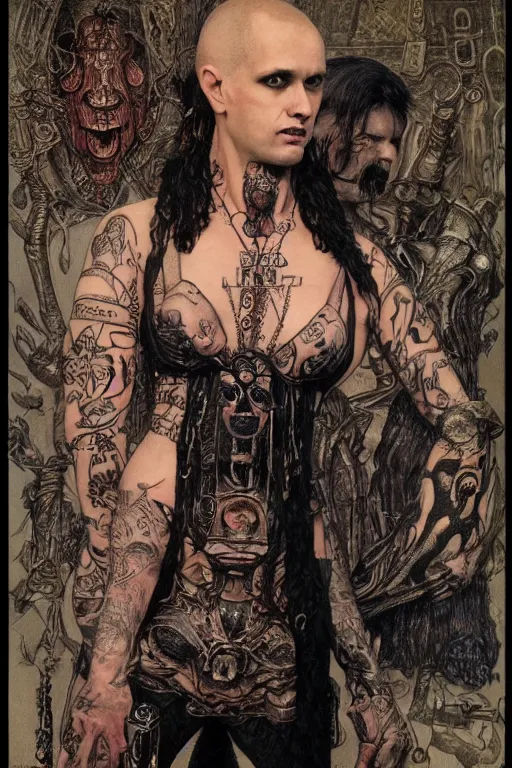 Image similar to full length portrait of made mikkelsen as a tattooed gothic punk by lawrence alma tadema and zdzislaw beksinski and norman rockwell and jack kirby and tom lovell and greg staples