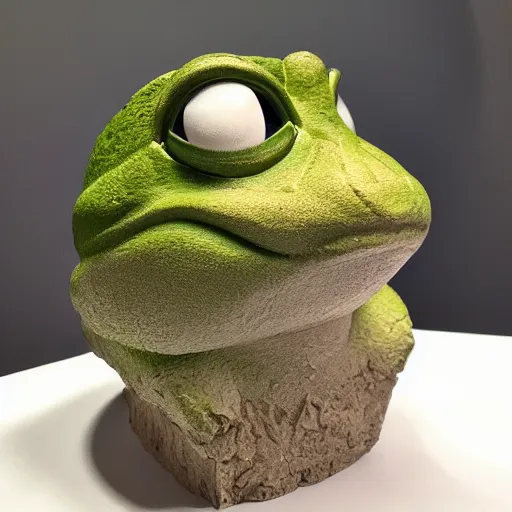 Image similar to clay head of pepe the frog, 3d sculpture, textured, fine detail, lifelike, photo, high resolution