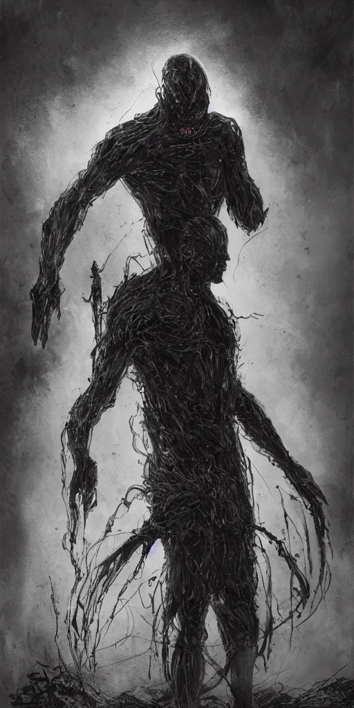 Image similar to concept art of a man with his body covered in burns, with black smoke coming out of his hands, full body, dark colors, sinister atmosphere, dramatic lighting, cinematic, establishing shot, extremely high detail, photo realistic, cinematic lighting, pen and ink, intricate line drawings, by Yoshitaka Amano, Ruan Jia, Kentaro Miura, Artgerm, post processed, concept art, artstation, matte painting, style by eddie mendoza, raphael lacoste, alex ross,