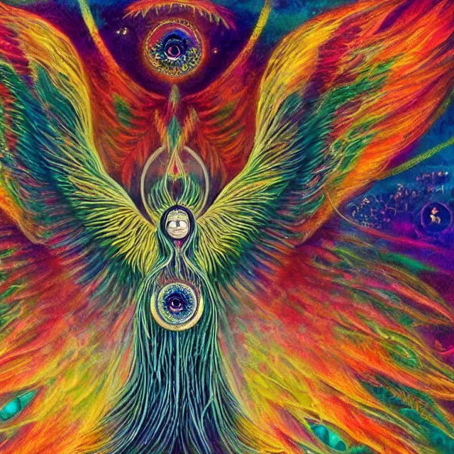 Image similar to angelic ophanim Lovecraftian celestial covered in eyes feathers and wings, oil painting award winning, chromatic aberration sharp colors, symmetrical geometry sublime angel covered in eyes be not afraid