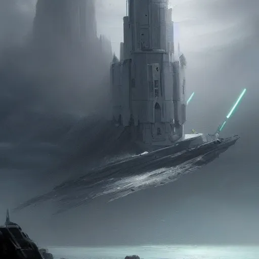 Image similar to star wars concept art by greg rutkowski, a palatial and imposing grey wide tower emerging from the sea in the middle of a ocean landscape, enigmatic atmosphere, beautiful and cinematic lighting, artstation hq.