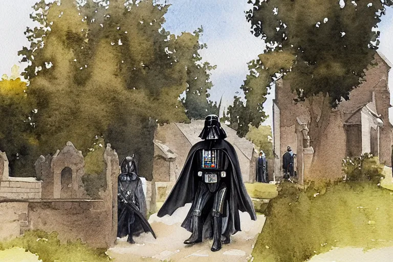 Prompt: a detailed watercolor painting of darth vader leaving a medieval church in a quaint english village, churchyard, trees, golden hour