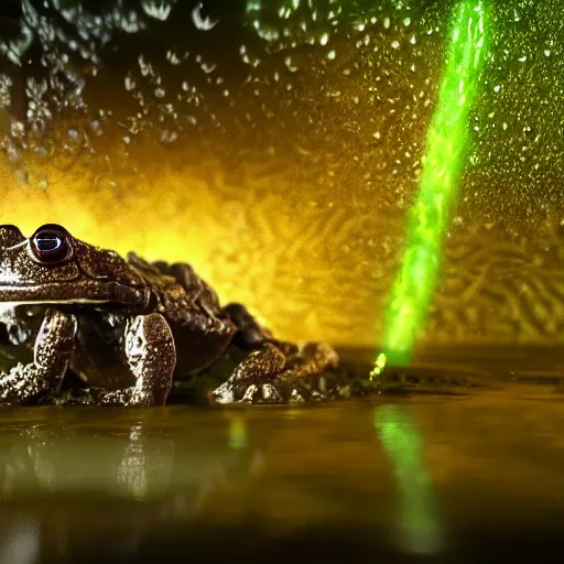 Image similar to amphibious toad mech stepping out of a pond with a lazer rifle dripping water. film still. brightly lit scene. this 4 k hd image is trending on artstation, featured on behance, well rendered, extra crisp, features intricate detail, epic composition and the style of unreal engine, national geographic, bandai box art.