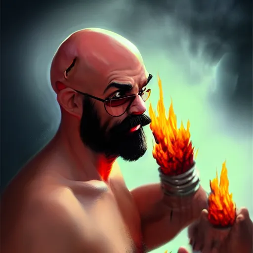 Prompt: bald boxer with chest tattoos with van dyke black beard on fire, digital art, cinematic, concept art, 8k, painting, imaginefx, cgsociety, syd mead, trending on artstation, wide shot, full shot