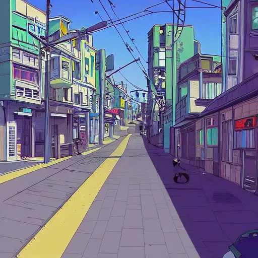 Prompt: city street, sloped street, city on tall hillside, street scene, rollerbladers grinding on rails, skaters, rollerskaters, cel - shading, 2 0 0 1 anime, flcl, jet set radio future, golden hour, japanese town, concentrated buildings, japanese neighborhood, electrical wires, cel - shaded, strong shadows, vivid hues, y 2 k aesthetic