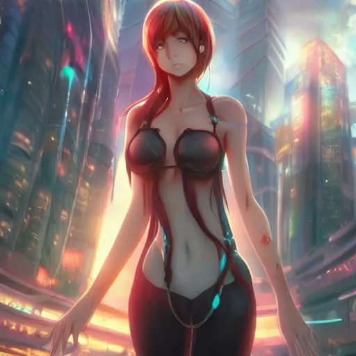 Prompt: A realistic anime painting of a beautiful female radiant knight standing in a futuristic city. digital painting by Sakimichan, Makoto Shinkai, WLOP, Rossdraws, Pixivs and , digital painting. trending on Pixiv. SFW version —H 1080 —W 1920